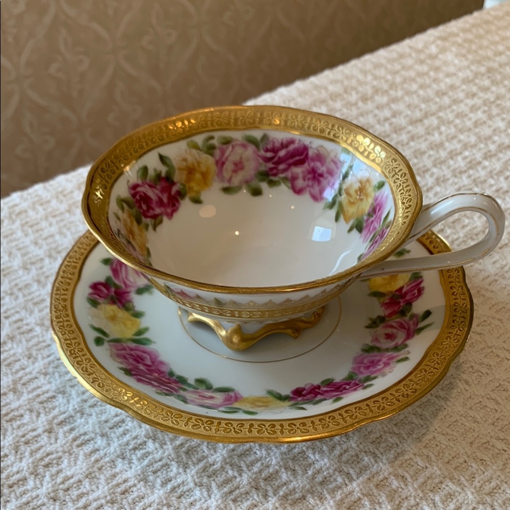 Floral Gold-Trimmed Teacup and Saucer Set
